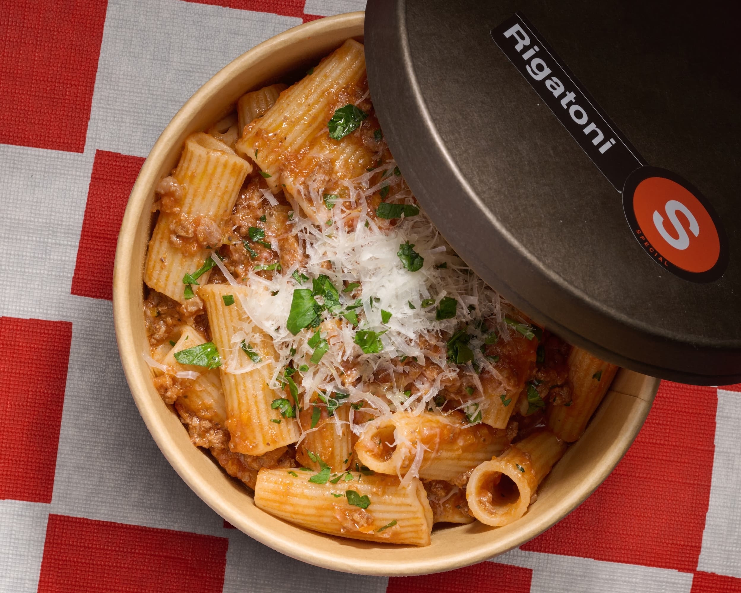 Rigatoni with bolognese sauce in to go container from Via! by Sale Pepe in Lahaina, Maui, Hawaii.